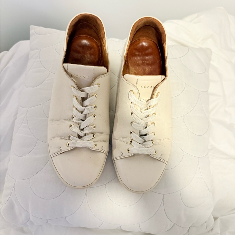 Sezane Cream Leather Low-Top Sneakers